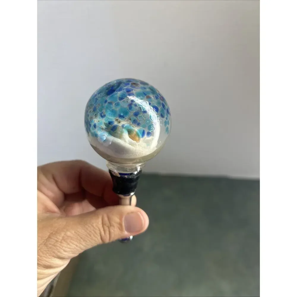 Pier 1 Imports Wine Bottle Stopper Sand Shell Art Glass Blue Orb SKU 2764602